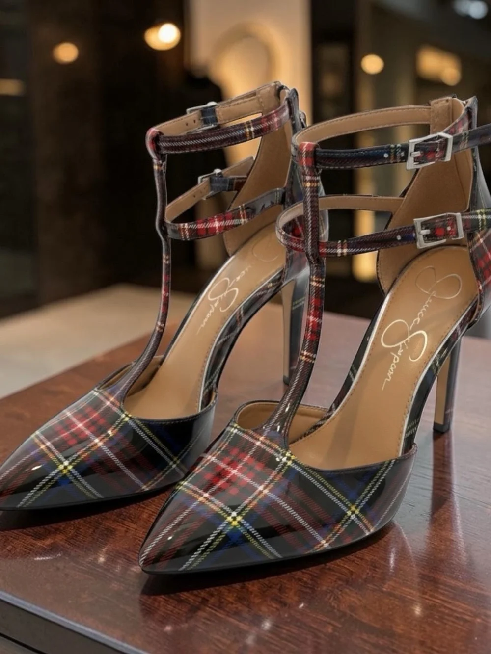 Jessica Simpson Pyllah Plaid High T-Strap Pumps.